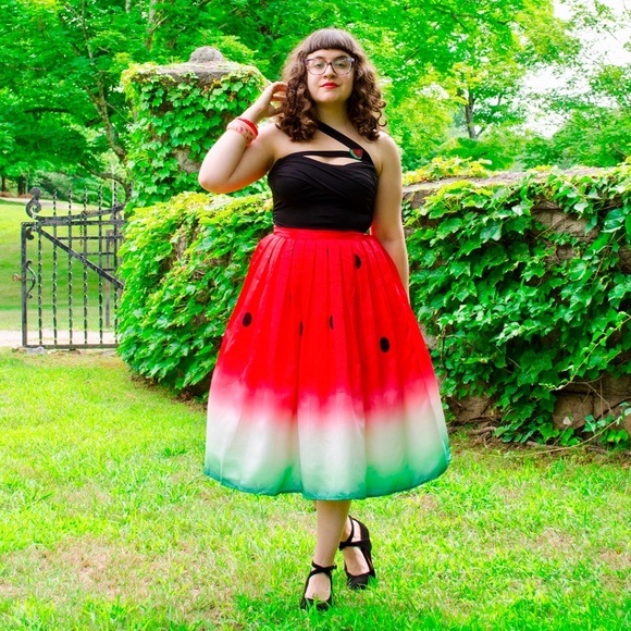 New Watermelon Printed Midi Box Pleat Skirt - Picture 3 of 8